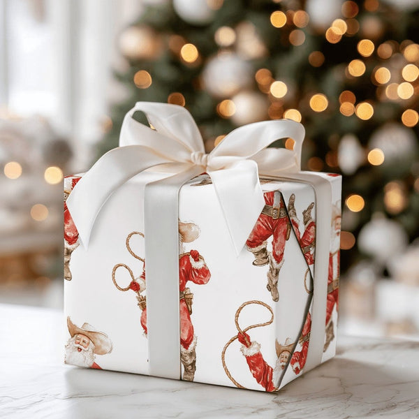 Rustic Christmas Gift Wrap, Western Cowboy Santa Wrapping Paper, Watercolor Rodeo Santa Holiday Paper, Cowboy Present Wrap