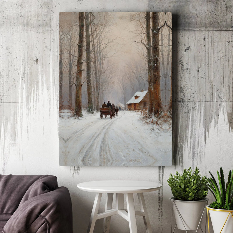 Horse Drawn Carriage Snowy Cabin Scene, Winter Forest Canvas Art, Rustic Christmas Landscape Wall Decor, Holiday Present