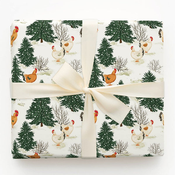 Winter Farm Gift Wrap, Christmas Chicken Wrapping Paper, Snowy Pine Forest Wrapping Paper, Rustic Holiday Chicken Wrapping Pa