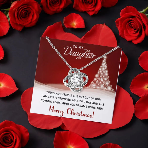 Rotating Rose Box CZ Crystal Knot Pendant, Daughter Christmas Love Knot Necklace, Daughter Holiday Jewelry, Christmas Keepsak
