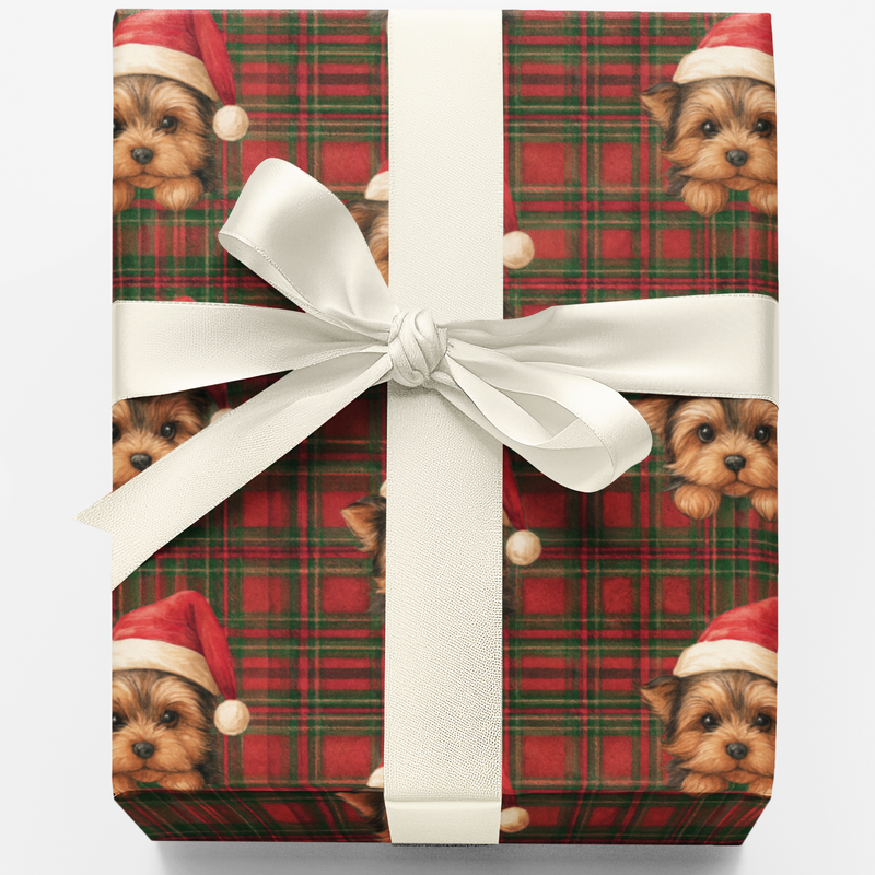 Plaid Holiday Dog Gift Wrap Roll, Yorkie Christmas Wrapping Paper, Yorkshire Terrier Present Wrap, Adorable Xmas Dog Paper
