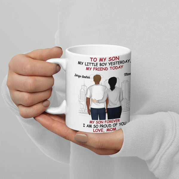 Proud Mom and Son Coffee Mug, To My Son Personalized Ceramic Mug, Mother Son Illustration Coffee Cup, Custom Birthday Christm