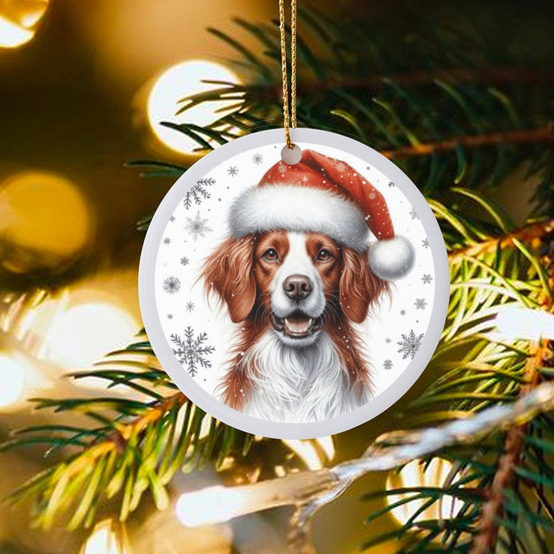 Dog in Santa Hat Ceramic Keepsake, Brittany Spaniel Christmas Ornament, Dog Portrait Tree Decor, Personalized Holiday Present for Dog Lovers