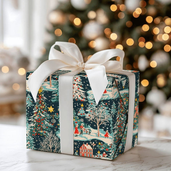 Snowy Night Christmas Gift Wrap, Vintage Winter Village Wrapping Paper, Retro Holiday Town Present Wrap, Comfy Seasonal Packa