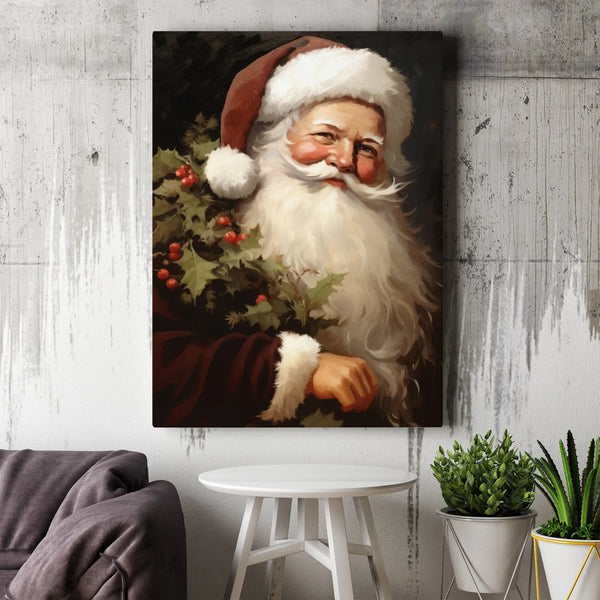 Classic Holly Christmas Canvas Print, Vintage Santa Claus Canvas Wall Art, Retro Holiday Portrait Canvas, Festive Xmas Decor,