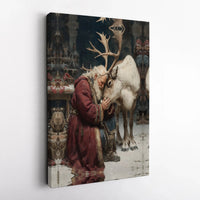 Vintage Christmas Oil Painting Canvas Print, Santa Claus and Reindeer Canvas Wall Art, Holiday Canvas Art, Rustic Winter Wall Decor Present