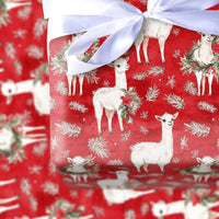 Red Holiday Animal Gift Wrap, Christmas Llama Wrapping Paper, Festive Wreath Llama Wrapping Paper Roll, Winter Snowflake Gift Wrap