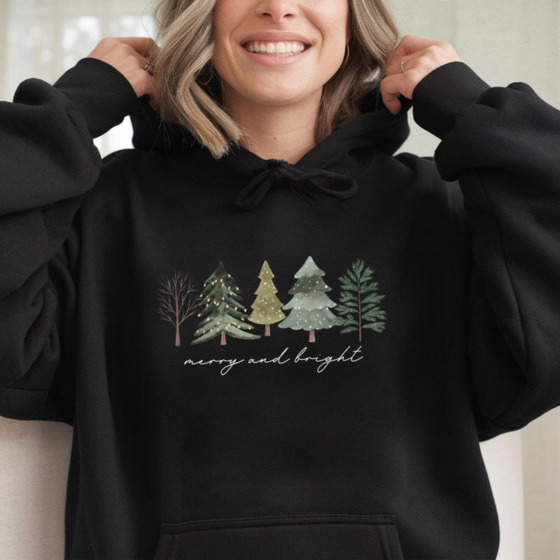 Watercolor Xmas Tree Hoodie, Merry and Bright Christmas Tree Hoodie, Minimalist Holiday Hoodie, Comfy Winter Graphic Hooded Sweatshirt