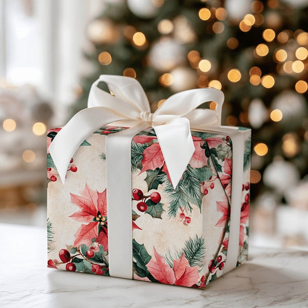 Watercolor Holly Gift Wrap, Vintage Poinsettia Wrapping Paper, Botanical Winter Floral Present Paper, Christmas Gift Wrapping