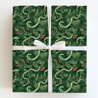 Watercolor Pine Berry Gift Wrap, Green Snake Christmas Wrapping Paper, Botanical Snake Wrapping Paper, Unique Winter Holiday Gift Wrap Roll
