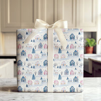 Snowy Cottage Gift Wrap, Winter Village Wrapping Paper, Watercolor Pastel House Christmas Wrapping Paper, Comfy Holiday Town Wrapping Paper