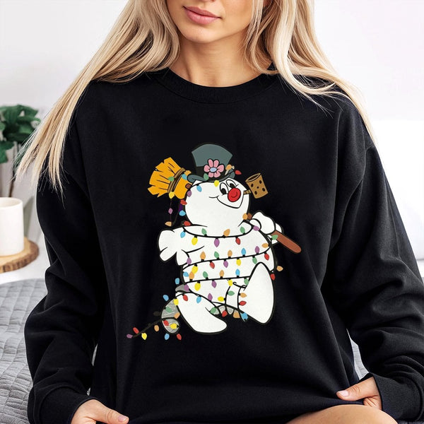 Festive Light String Holiday Sweater, Adorable Snowman Christmas Sweatshirt, Retro Snowman Crewneck Sweatshirt, Comfy Xmas Pu