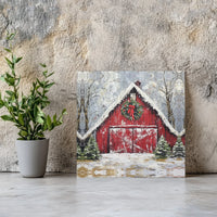 Snowy Winter Farmhouse Painting Print, Red Barn Christmas Canvas Wall Art, Digital Download Rustic Holiday Decor, Country Xmas Poster