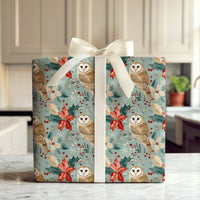 Rustic Poinsettia Owl Gift Wrap, Barn Owl Christmas Wrapping Paper, Woodland Botanical Wrapping Paper, Vintage Holiday Gift Wrap Roll
