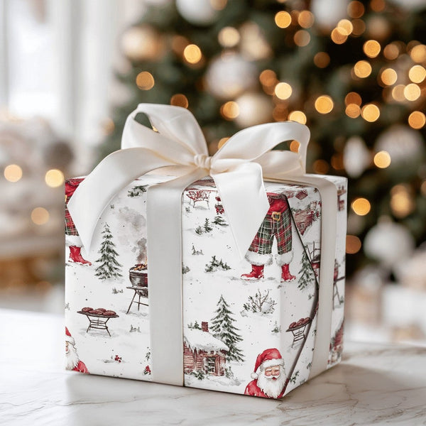 Humorous BBQ Christmas Wrapping Paper, Grilling Santa Wrapping Paper, Winter Cookout Holiday Gift Wrap, Grill Master Gift Wra
