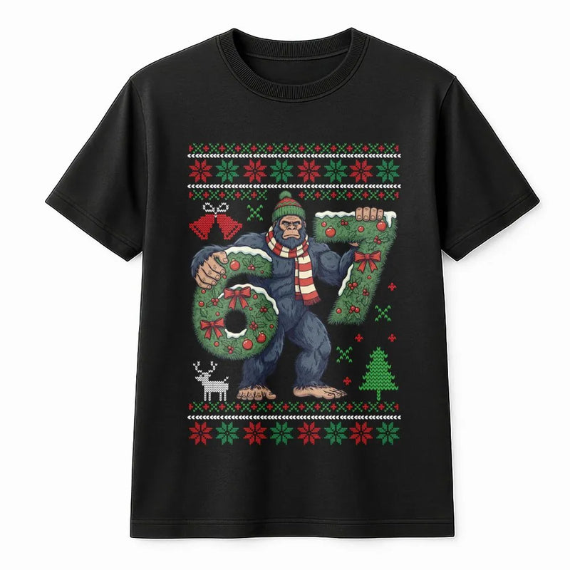 Humorous Sasquatch Ugly Sweater Shirt, Bigfoot 67 Christmas T-Shirt, 67th Birthday Bigfoot Tee, Retro Bigfoot Graphic T-Shirt, Holiday Present