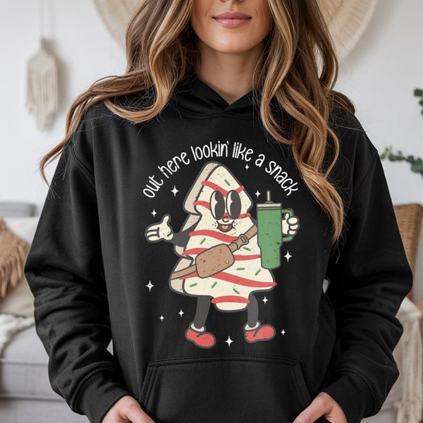 Retro Holiday Snack Cake Sweatshirt, Christmas Tree Cake Hoodie, Nostalgic Xmas Pullover, Humorous Christmas Graphic Hooded S