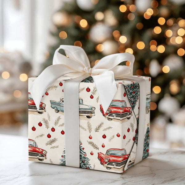 Retro Holiday Gift Wrap, Vintage Car Christmas Wrapping Paper, Classic Car Present Paper, Nostalgic Xmas Wrapping Paper, Car 