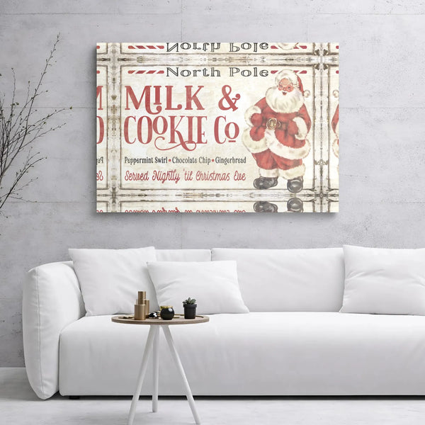Retro Christmas Holiday Wall Decor, Vintage Santa North Pole Milk and Cookies Canvas Art, Farmhouse Santa Print, Santa Claus 