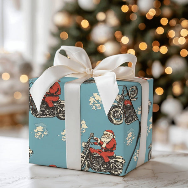 Vintage Motorcycle Gift Wrap, Light Blue Biker Santa Wrapping Paper, Blue Motorcycle Christmas Wrapping Paper, Biker Holiday 