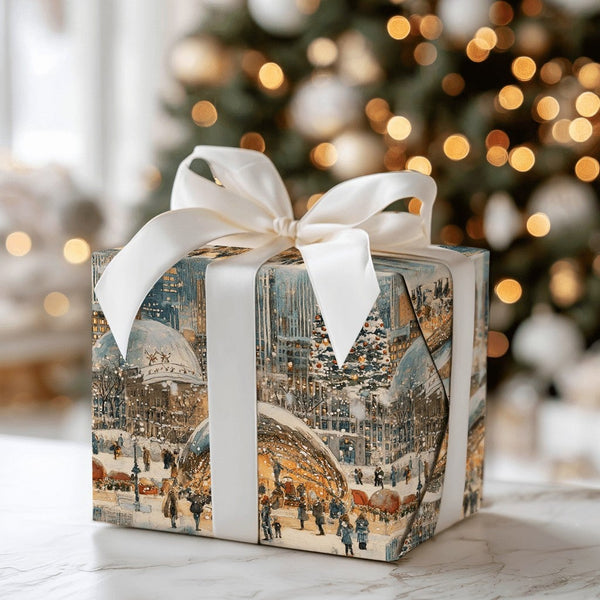 Snowy Millennium Park the Bean Gift Wrap, Chicago Christmas Wrapping Paper, Watercolor City Skyline Gift Wrap, Winter Holiday