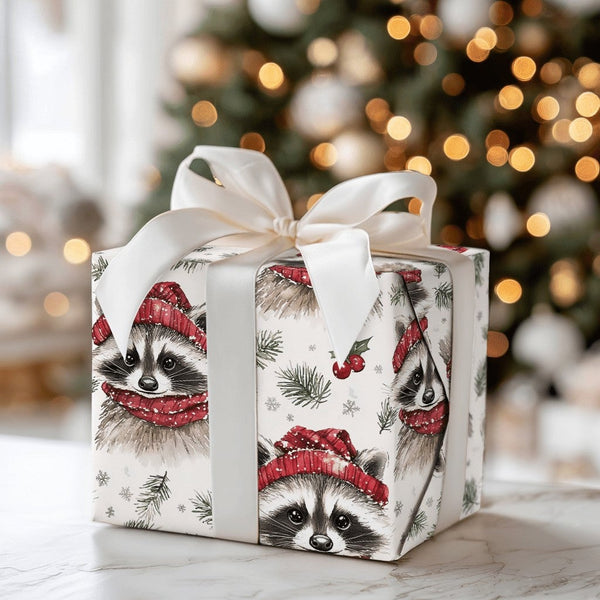 Adorable Woodland Animal Gift Wrap, Watercolor Raccoon Wrapping Paper, Winter Raccoon Holiday Paper, Christmas Present Wrappi
