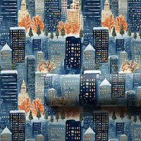 Snowy Night City Gift Wrap, Winter Cityscape Wrapping Paper, Watercolor Urban Skyline Wrapping Paper, Comfy Christmas Holiday Gift Wrap Roll