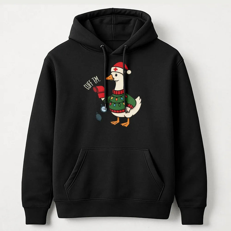 Humorous Goose Cuff Em Hoodie, Nurse Christmas Hoodie, Holiday Healthcare Worker Pullover, Adorable Nursing Student Xmas Present, Winter Nurse Hoodie