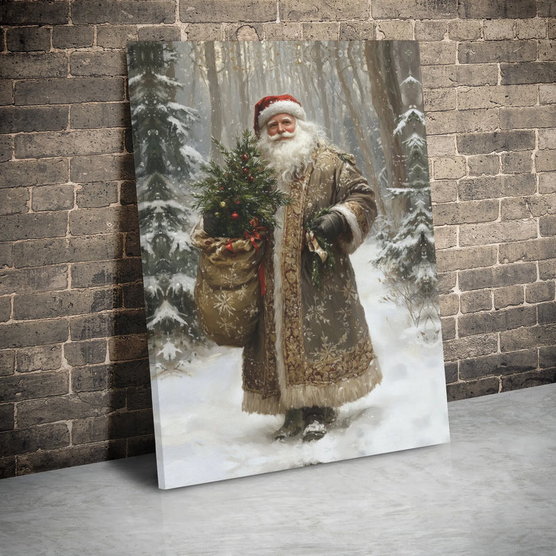 Snowy Forest Christmas Tree Wall Art Poster, Vintage Santa Claus Canvas Print, Nostalgic Holiday Digital Download, Farmhouse Xmas Decor