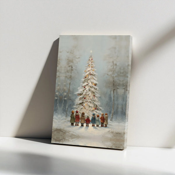 Children Playing in Snow Canvas Art, Vintage Christmas Tree Canvas Print, Nostalgic Holiday Canvas Decor, Winter Wonderland W