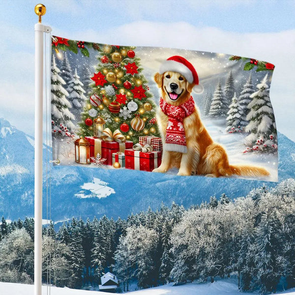 Santa Hat Dog Winter Flag, Golden Retriever Christmas House Flag, Double-Sided Holiday Yard Flag, Golden Retriever Decor, Dog