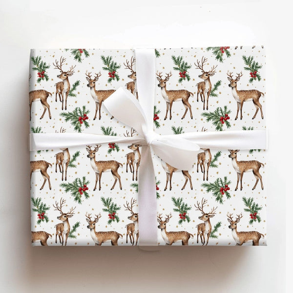 Watercolor Deer Holly Berry Gift Wrap, Woodland Reindeer Wrapping Paper, Rustic Winter Holiday Paper, Christmas Gift Wrapping