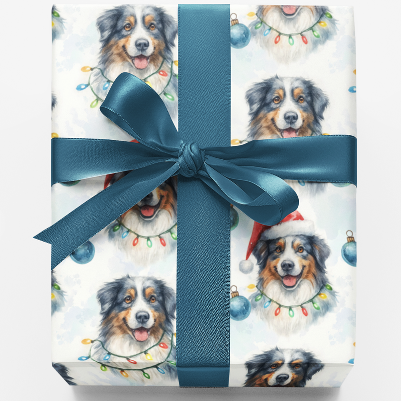 Santa Dog Wrapping Paper, Australian Shepherd Christmas Wrapping Paper, Aussie Holiday Gift Wrap, Dog Lover Wrapping Paper, Adorable Pet Wrap