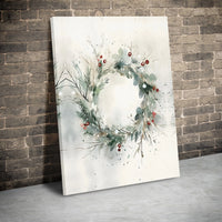 Red Berry Pine Botanical Canvas Print, Watercolor Winter Wreath Canvas Wall Art, Holiday Christmas Canvas Decor, Digital Download Wall Art