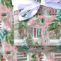 Snowy Winter Village Gift Wrap, Pink Christmas Wrapping Paper, Pastel Church Town Wrapping Paper, Retro Holiday Present Gift Wrap Roll