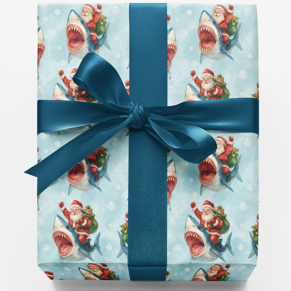 Humorous Holiday Wrapping Paper, Santa Riding a Shark Christmas Wrapping Paper, Ocean Theme Gift Wrapping Paper, Winter Prese