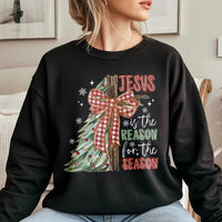 Retro Christmas Cross Crewneck, Jesus Is the Reason for the Season Sweatshirt, Plaid Bow Holiday Sweater, Christian Faith Xmas Pullover