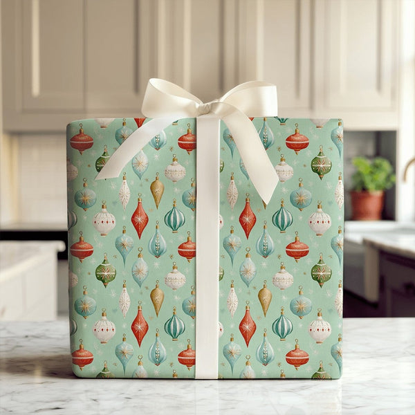 Retro Holiday Gift Wrap, Vintage Christmas Ornament Wrapping Paper, Mint Green Xmas Wrapping Paper Roll, Nostalgic Tree Baubl