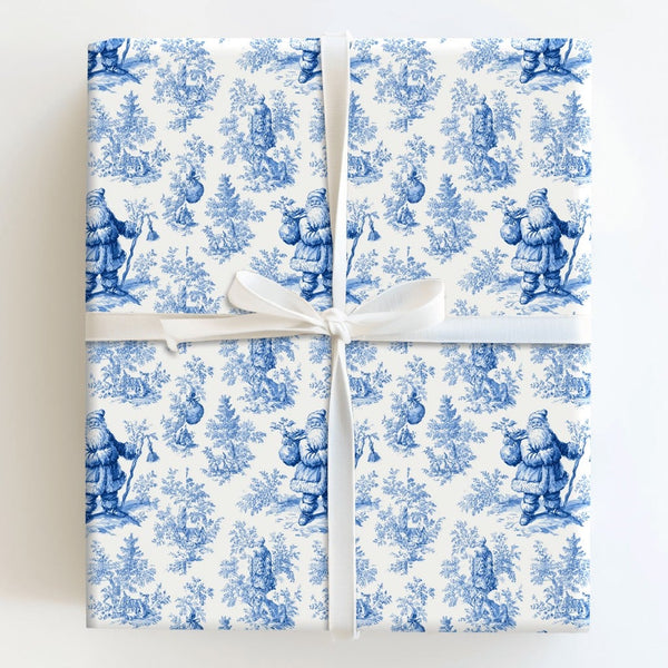 Vintage Christmas Gift Wrap, Blue and White Santa Toile Wrapping Paper, French Toile Holiday Wrapping Paper, Winter Forest Gi
