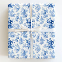 Vintage Christmas Gift Wrap, Blue and White Santa Toile Wrapping Paper, French Toile Holiday Wrapping Paper, Winter Forest Gift Wrap Roll