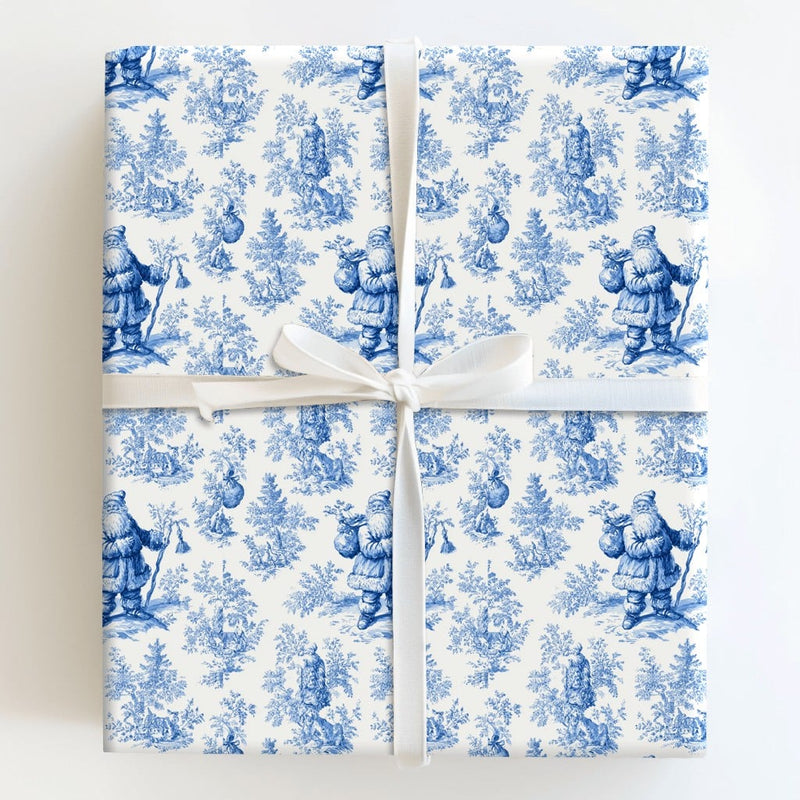 Vintage Christmas Gift Wrap, Blue and White Santa Toile Wrapping Paper, French Toile Holiday Wrapping Paper, Winter Forest Gift Wrap Roll