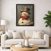 Rustic Winter Landscape Print, Snowman Oil Painting Canvas Wall Art, Christmas Holiday Wall Decor, Printable Digital Download