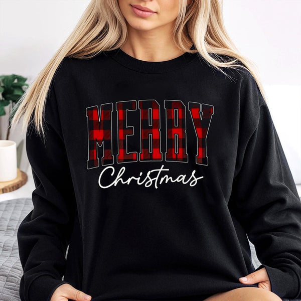 Plaid Holiday Sweatshirt, Buffalo Plaid Merry Christmas Sweatshirt, Red Plaid Christmas Crewneck, Comfy Winter Pullover, Xmas