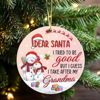 Humorous Snowman Christmas Ornament, Dear Santa I Tried to Be Good Grandma Ornament, Grandma Holiday Tree Ornament, Adorable Family Keepsake Present