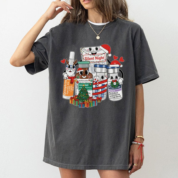 Medication Vial Graphic Tee, Silent Night Medical Christmas T-Shirt, Humorous Nurse Holiday Shirt, Doctor Pharmacy Healthcare