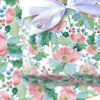 Watercolor Floral Gift Wrap, Pink Christmas Rose Wrapping Paper, Holly Berry Christmas Wrapping Paper, Elegant Winter Holiday Wrapping Paper