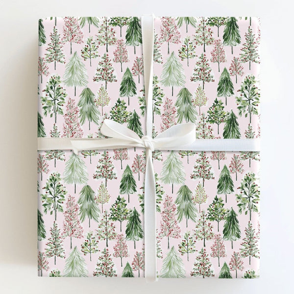 Watercolor Holiday Gift Wrap, Pink Christmas Tree Wrapping Paper, Modern Pastel Xmas Gift Wrapping Paper, Festive Season Wrap