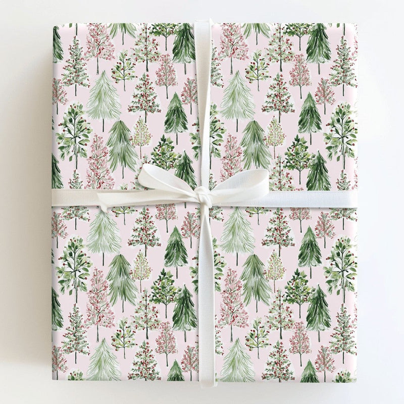 Watercolor Holiday Gift Wrap, Pink Christmas Tree Wrapping Paper, Modern Pastel Xmas Gift Wrapping Paper, Festive Season Wrap Roll