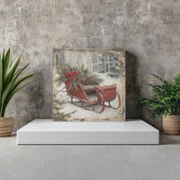 Rustic Red Sled Winter Forest Snow Scene Print, Vintage Christmas Sleigh Canvas Wall Art, Holiday Canvas Poster, Digital Download