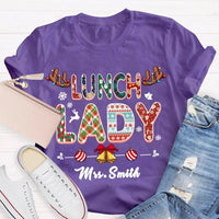 Custom Cafeteria Staff Holiday Shirt, Personalized Lunch Lady Christmas T-Shirt, Snowflake Bells Xmas Graphic Tee, School Worker Present